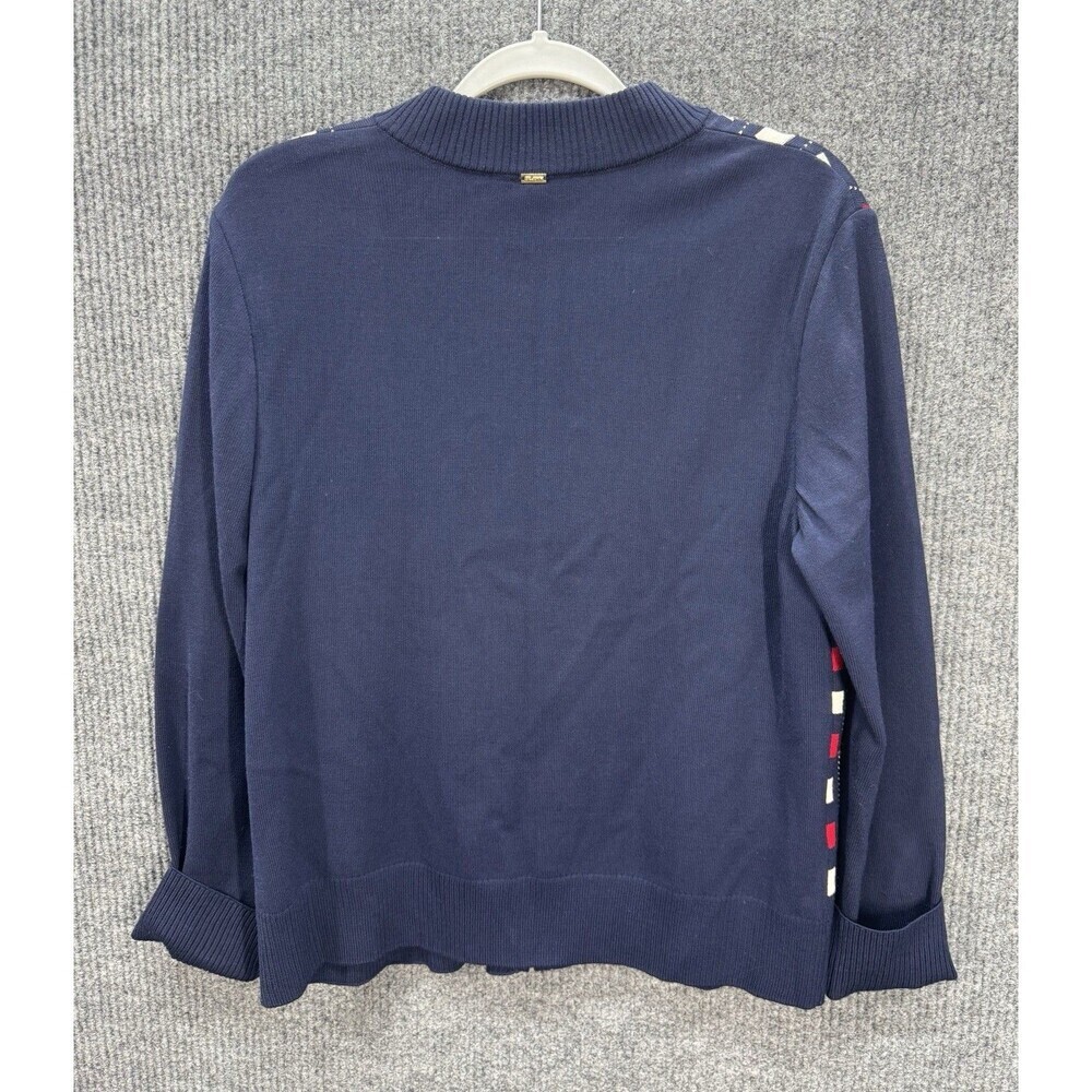 ST. JOHN Sport Wool Blend Cardigan Jacket Size Large Blue Red Full Zip Up Knit - Picture 3 of 8